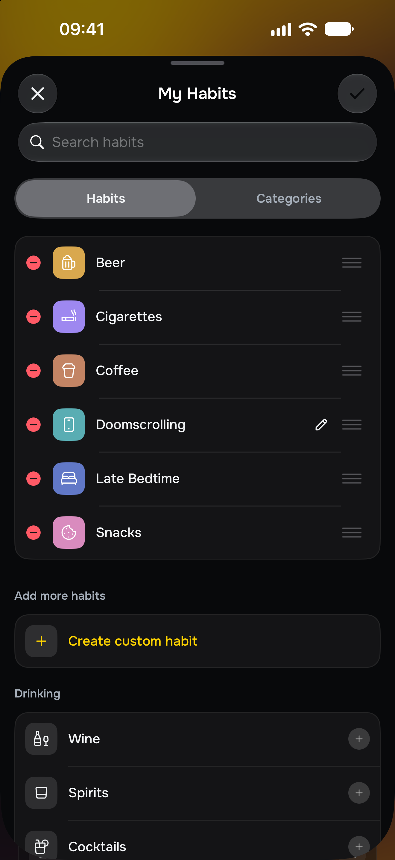 The app catalog with Wine and Spirits, each with a plus button to add it.