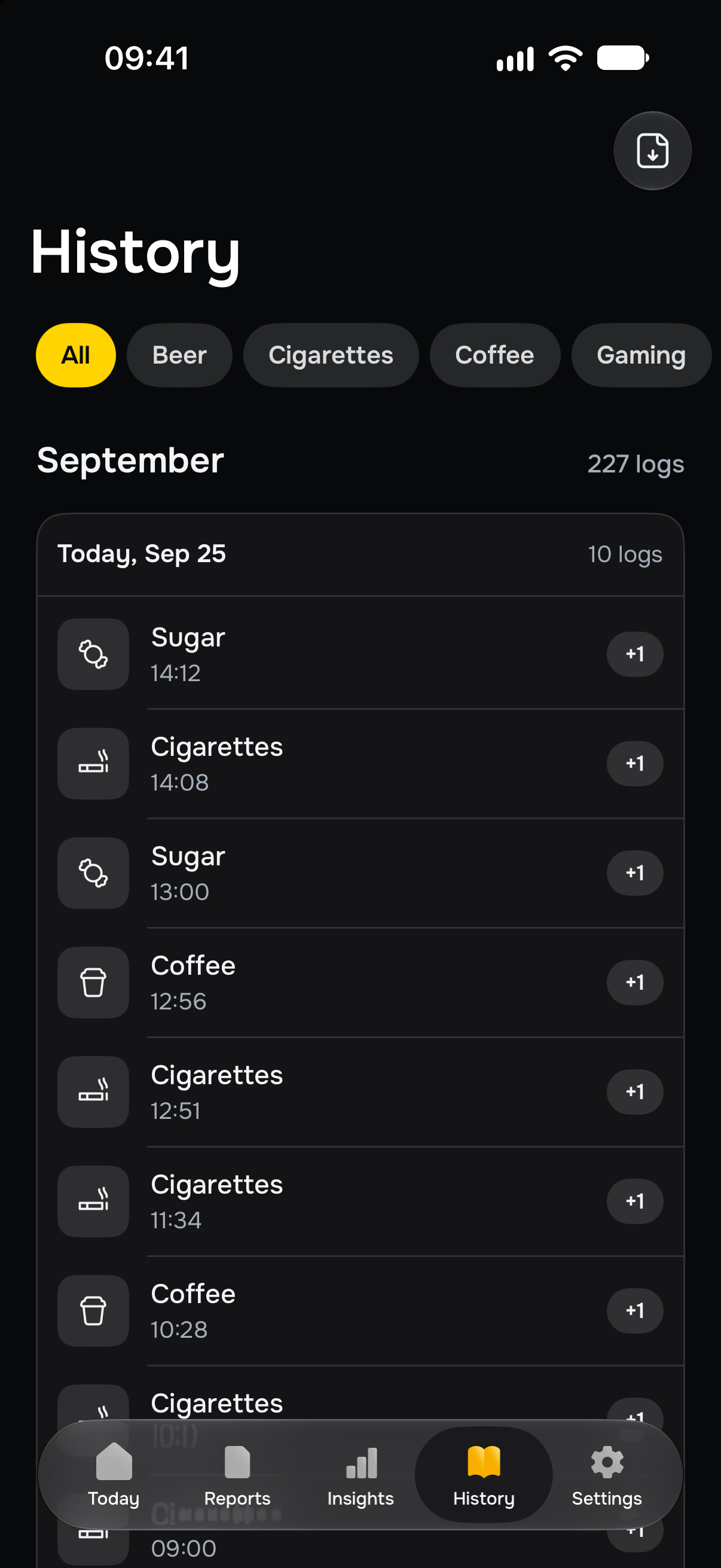 History for September 25, with individual sugar and cigarette entries and the time of each log.