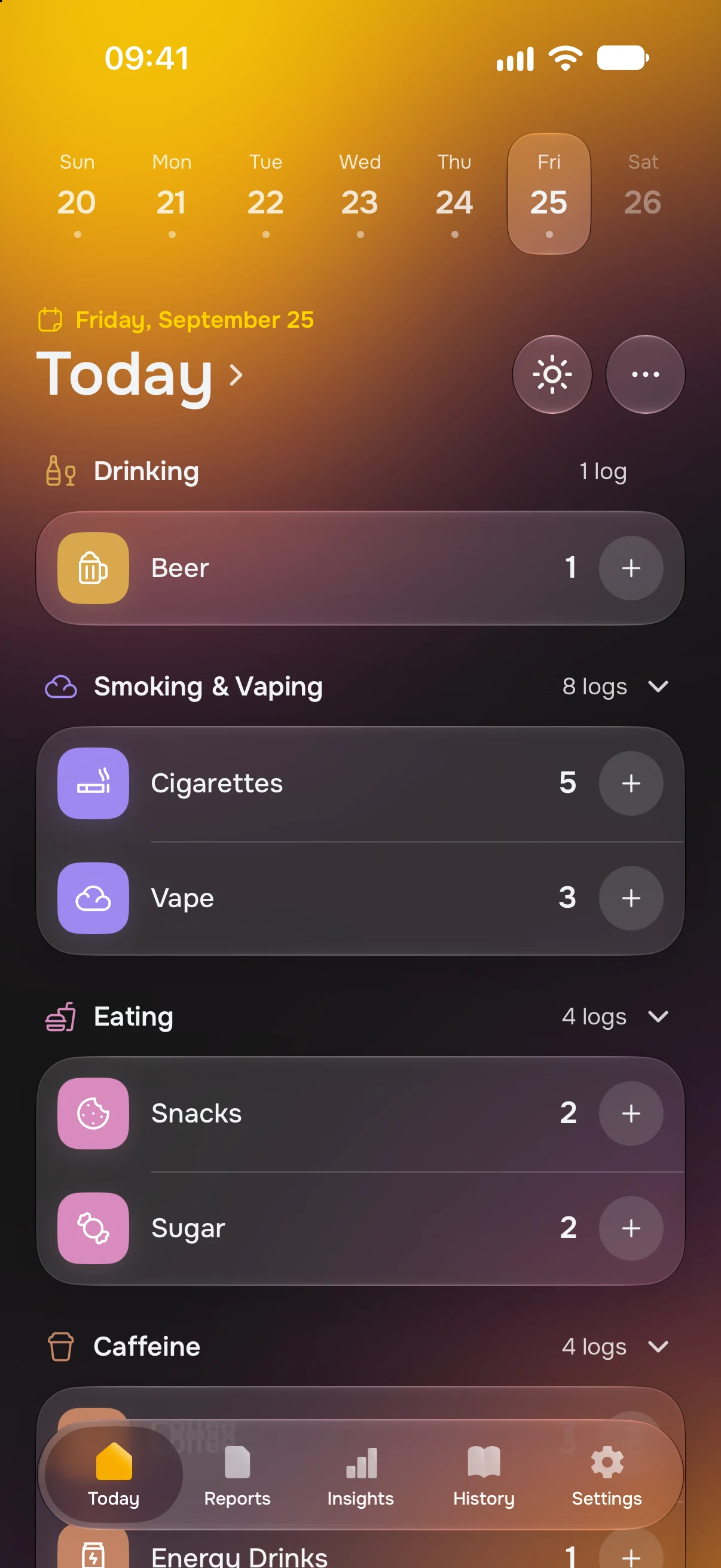 Today grouped by category: Drinking, Smoking & Vaping, Eating and Caffeine, each with its habits and counts.
