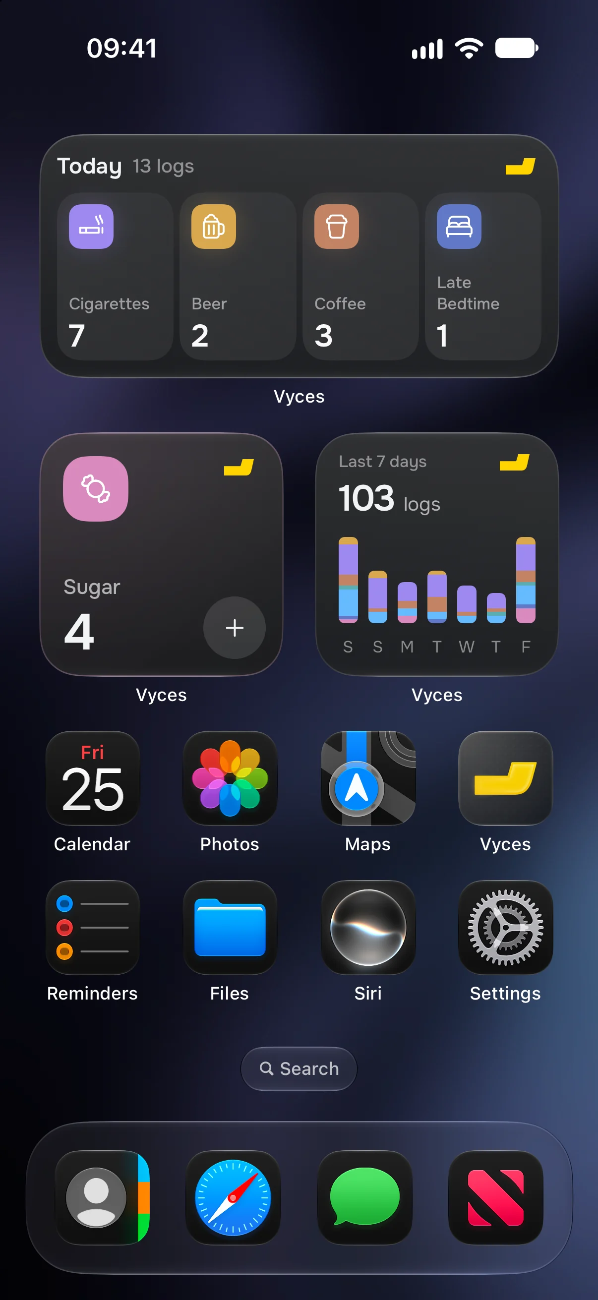 Vyces widgets on the Home Screen: today's habit counts, a one-tap logging button and a seven-day overview.